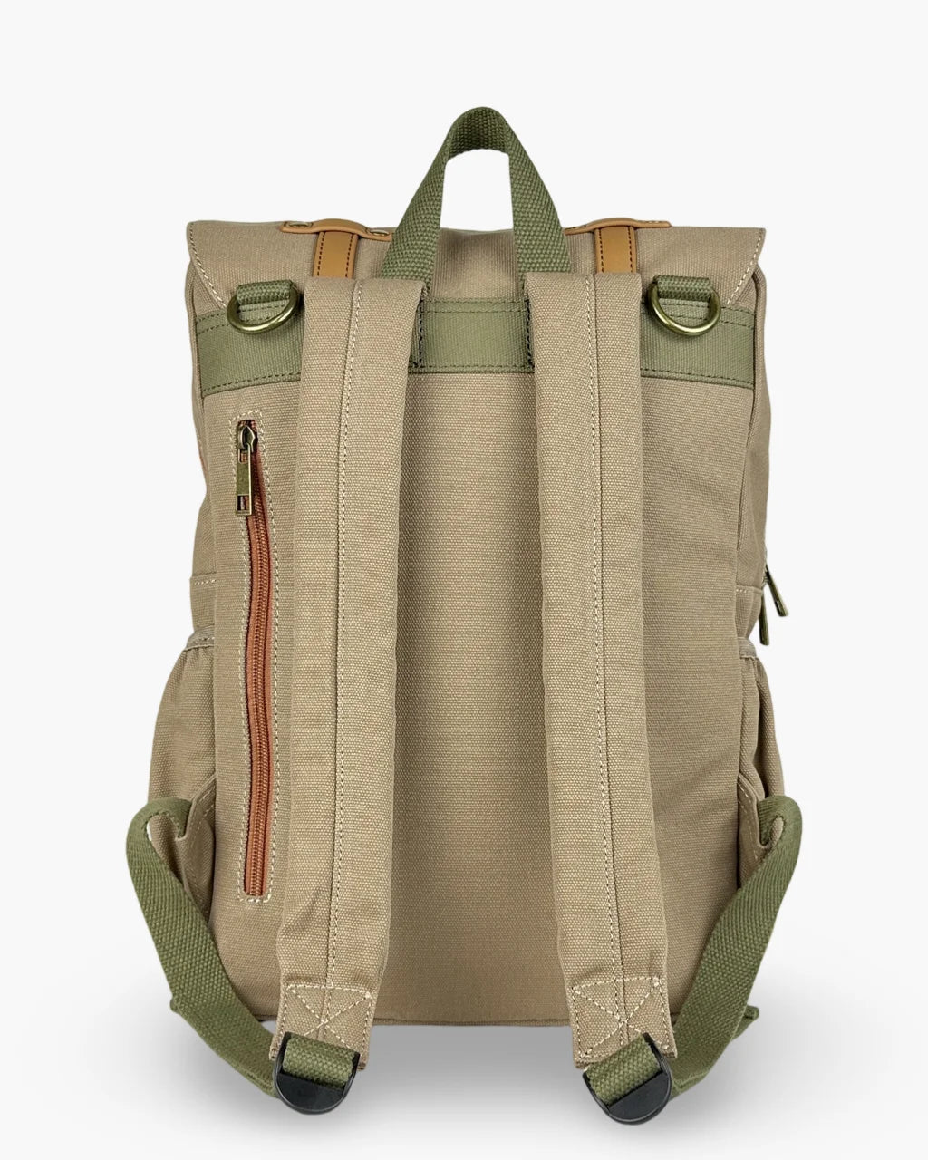 Back view of diaper backpack displaying padded olive-green shoulder straps, top grab handle, D-rings, and rear zippered