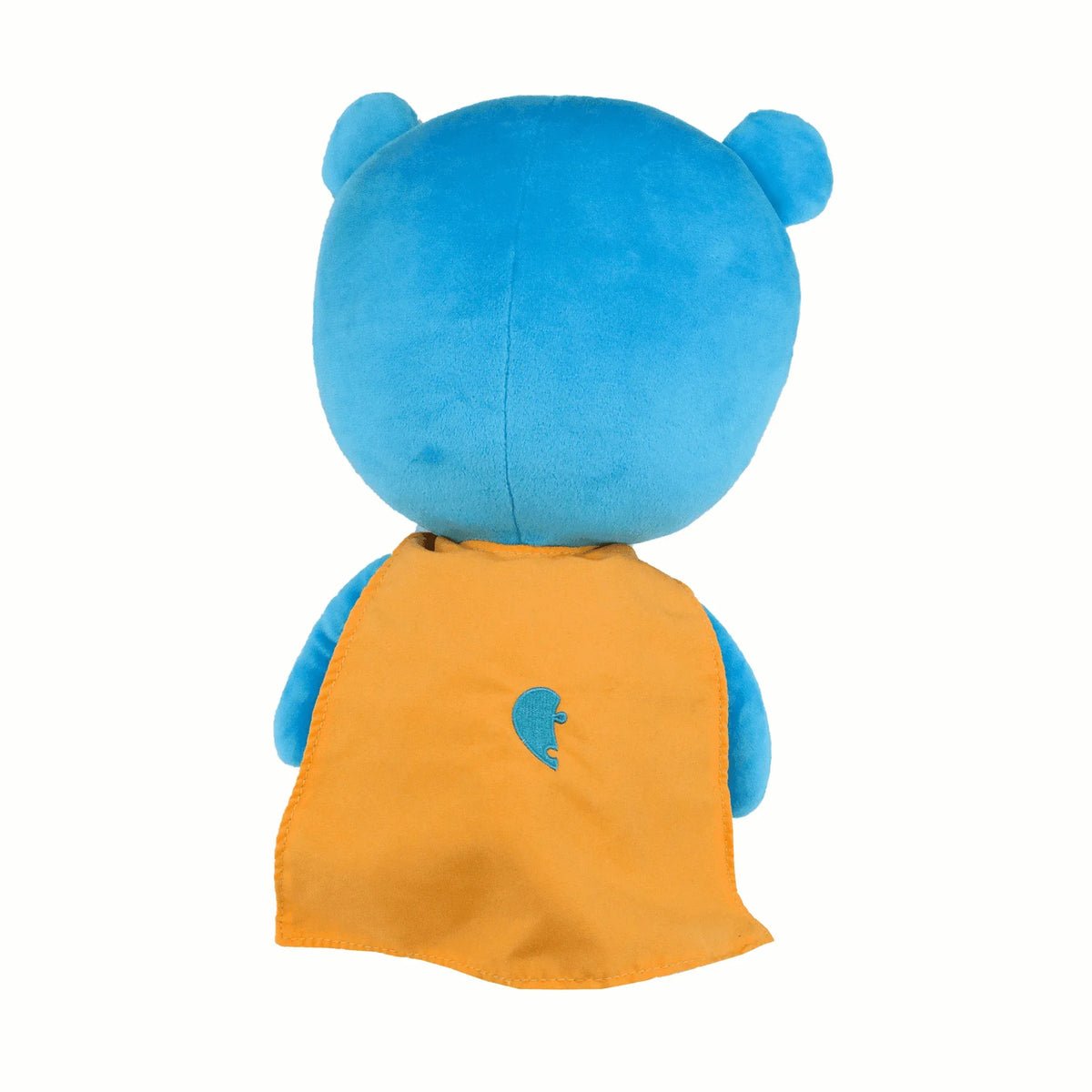 Blue fabric cape bear plush doll for toddlers with an orange soft material cape