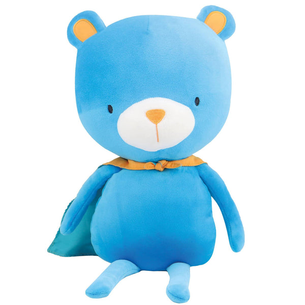 Blue cape bear plush doll for toddlers made of soft fabric with orange and teal cape