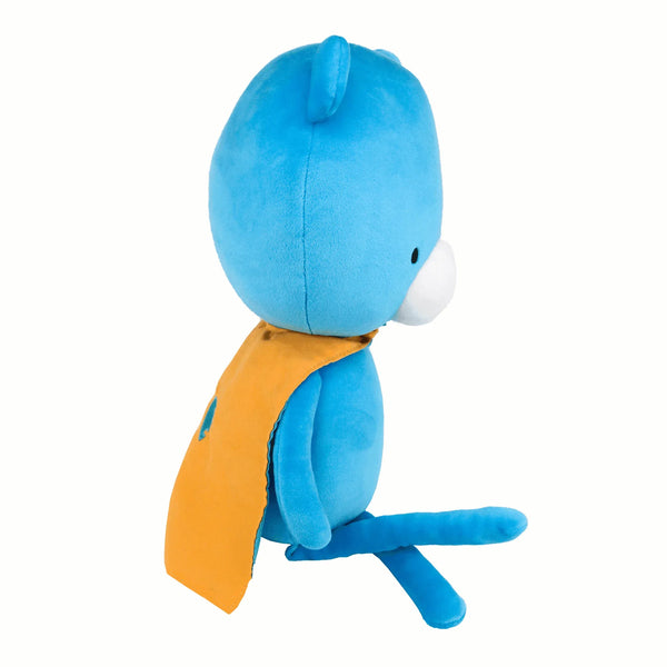Blue plush cape bear plush doll for toddlers made of soft fabric with orange cape