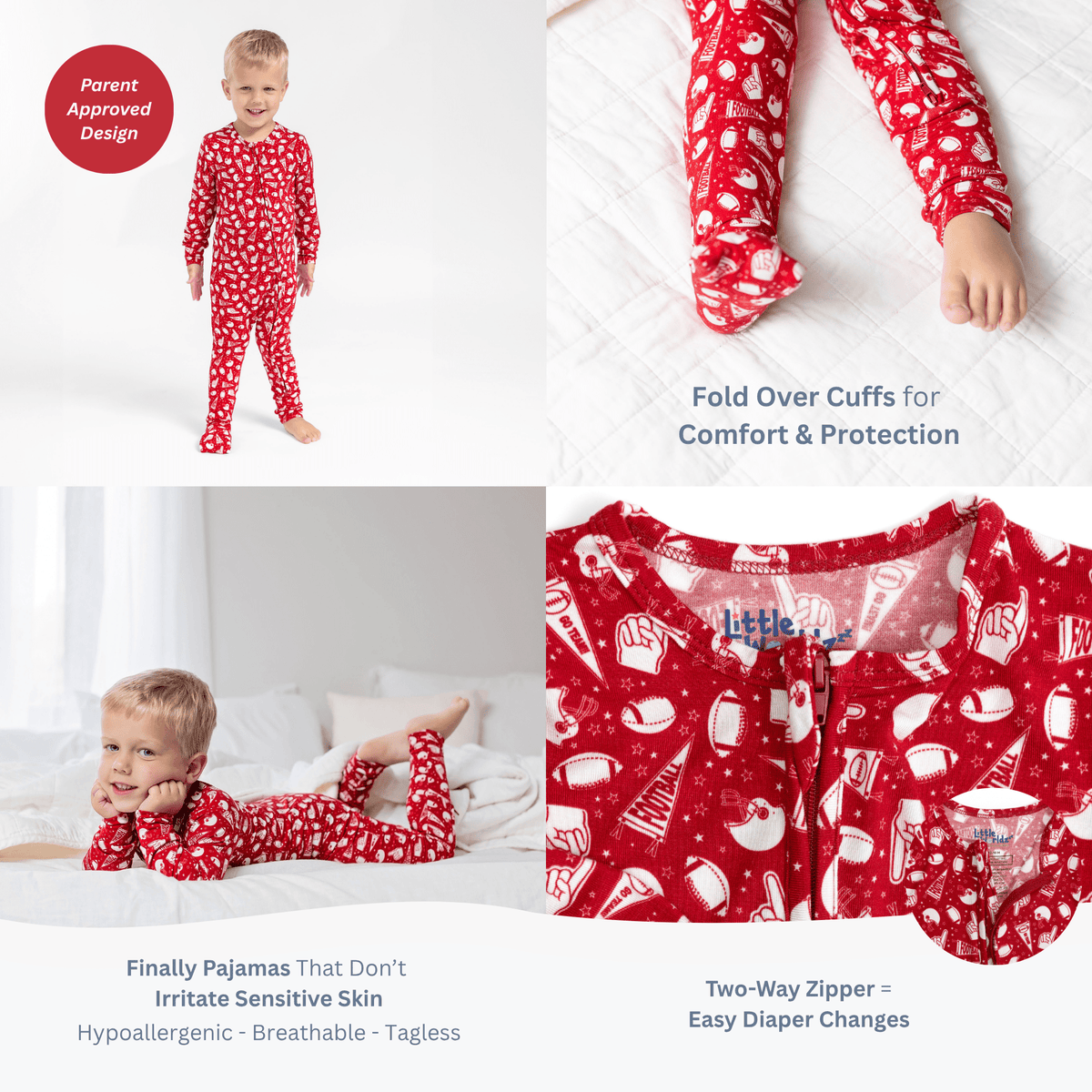 Red football print toddler bamboo pajamas with fold-over cuffs and two-way zipper for sensitive skin comfort.