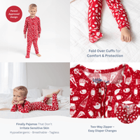 Red football print toddler bamboo pajamas with fold-over cuffs and two-way zipper for sensitive skin comfort.