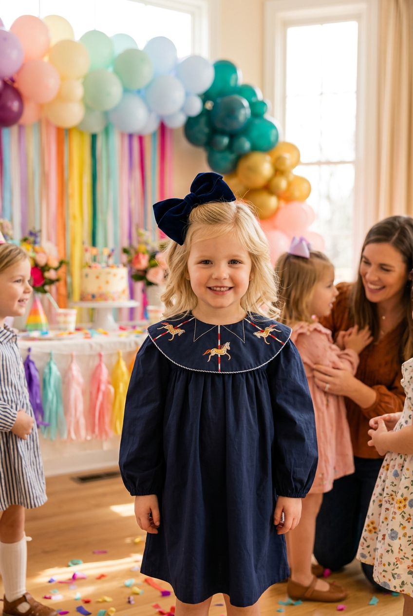 Navy Carousel Embroidered Little Girls Dress - Bishop Collar
