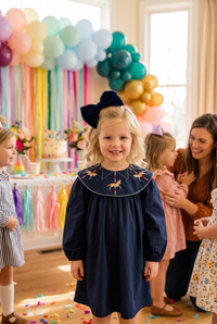 Navy Carousel Embroidered Little Girls Dress - Bishop Collar