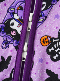 Front center white zipper slider on purple tape, surrounded by Kuromi Halloween prints and bats