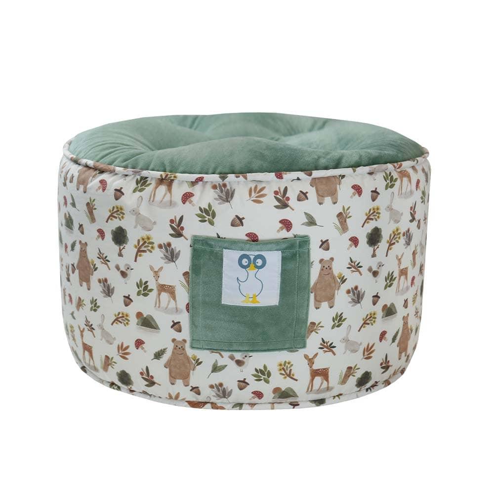 Goosewaddle cedar toddler ottoman pouf in green with woodland animal print fabric and soft cushioned top