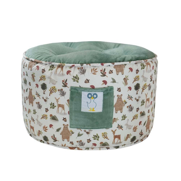 Goosewaddle cedar toddler ottoman pouf in green with woodland animal print fabric and soft cushioned top