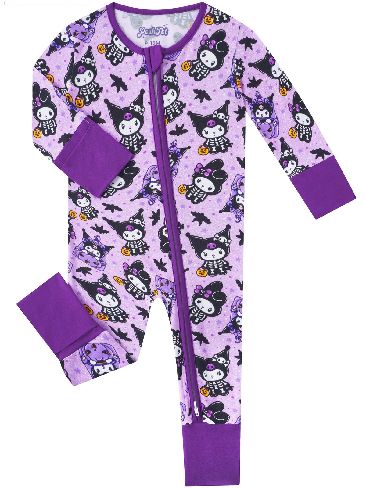 Purple bamboo baby romper with Kuromi skeleton print, solid cuffs, and full front zipper