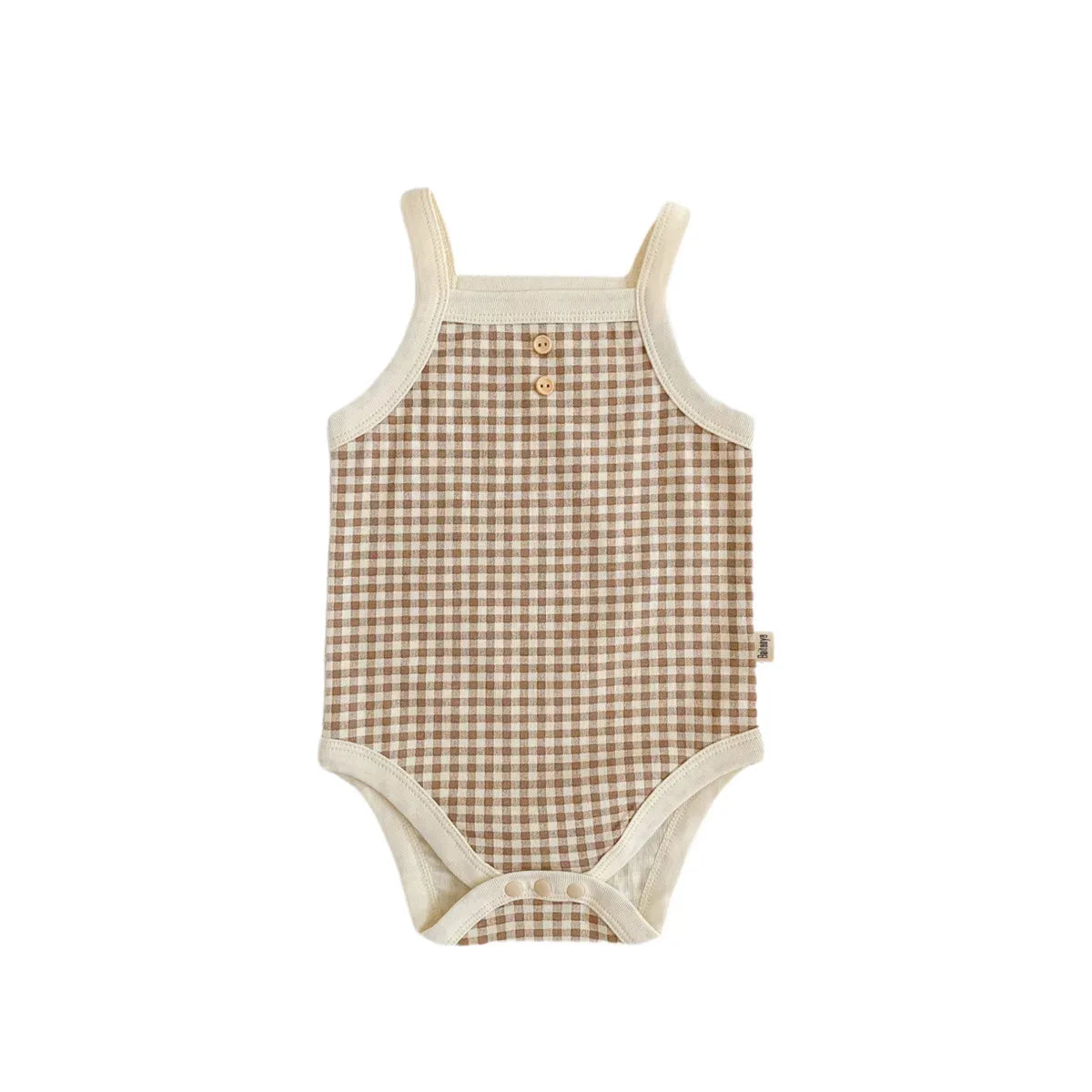 beige and brown checked baby summer romper with buttons for infants toddler clothing