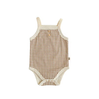 beige and brown checked baby summer romper with buttons for infants toddler clothing