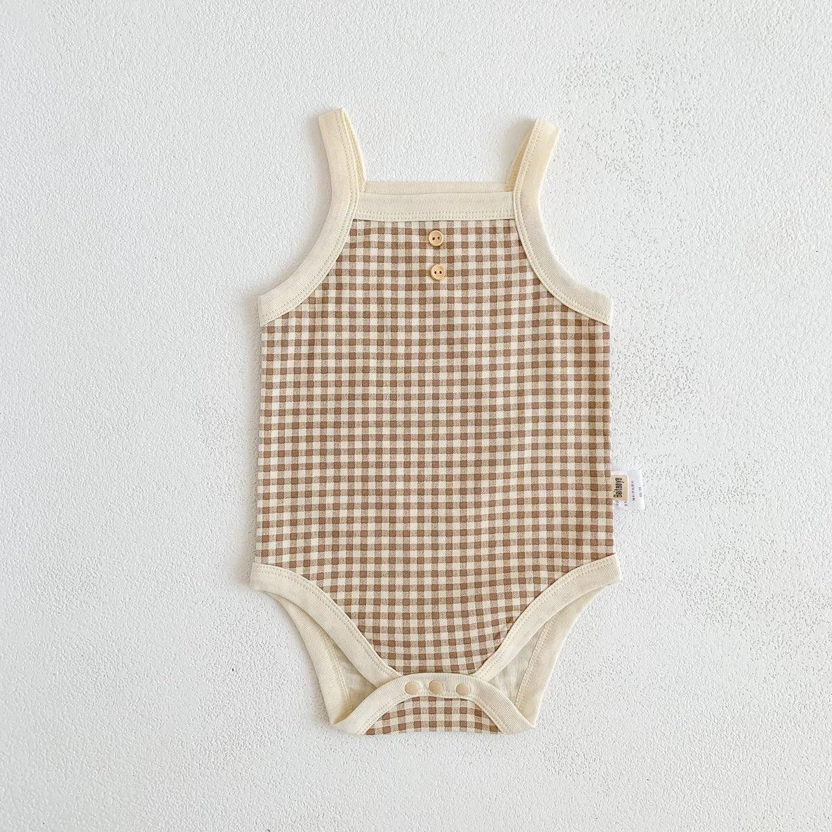 cream and brown checked baby summer romper for infants with button details and sleeveless design