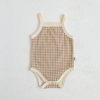 cream and brown checked baby summer romper for infants with button details and sleeveless design