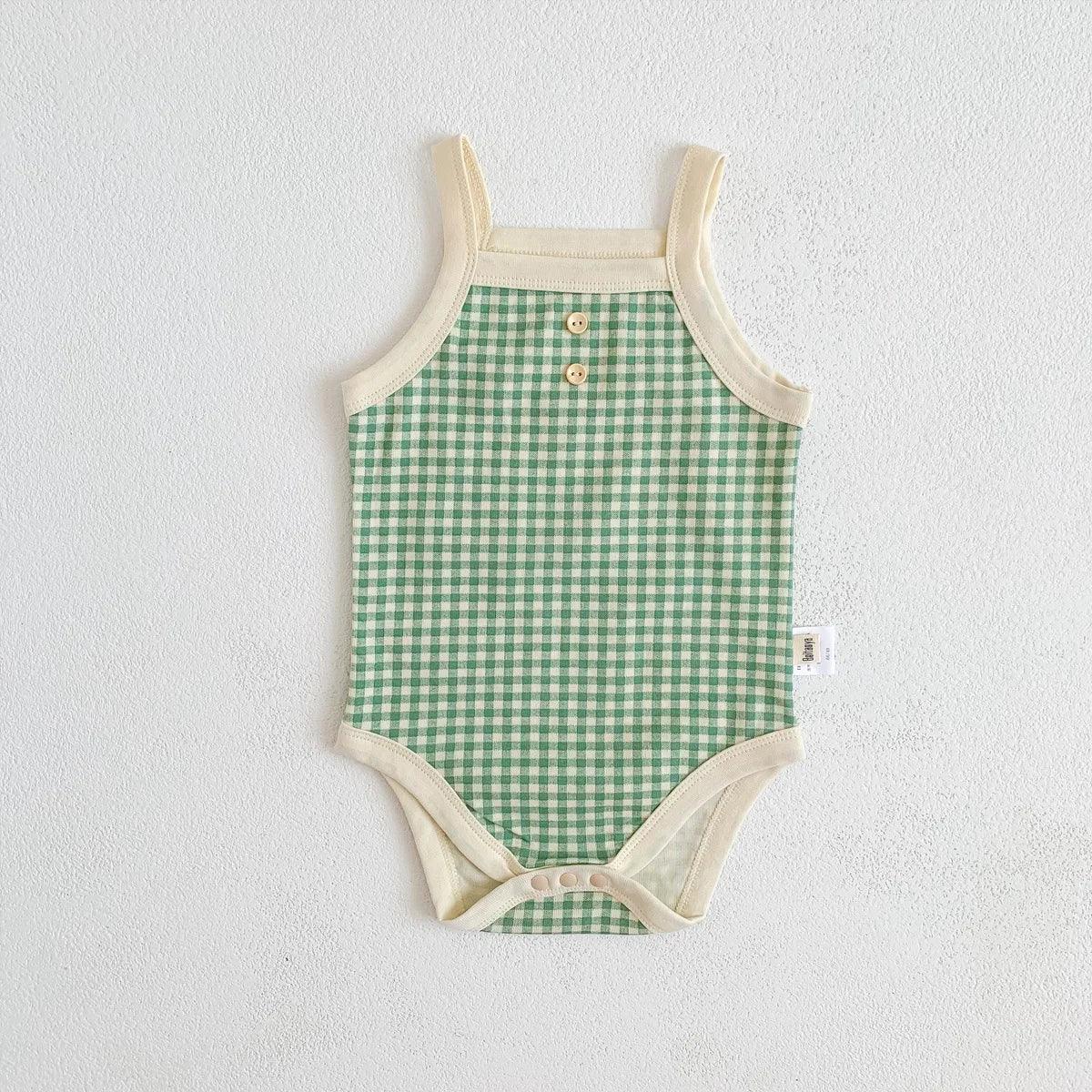 green and cream checked baby summer romper for infants with button details and sleeveless design