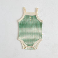 green and cream checked baby summer romper for infants with button details and sleeveless design