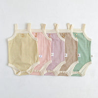 Checked baby summer romper in yellow pink purple brown and green with sleeveless design for infants