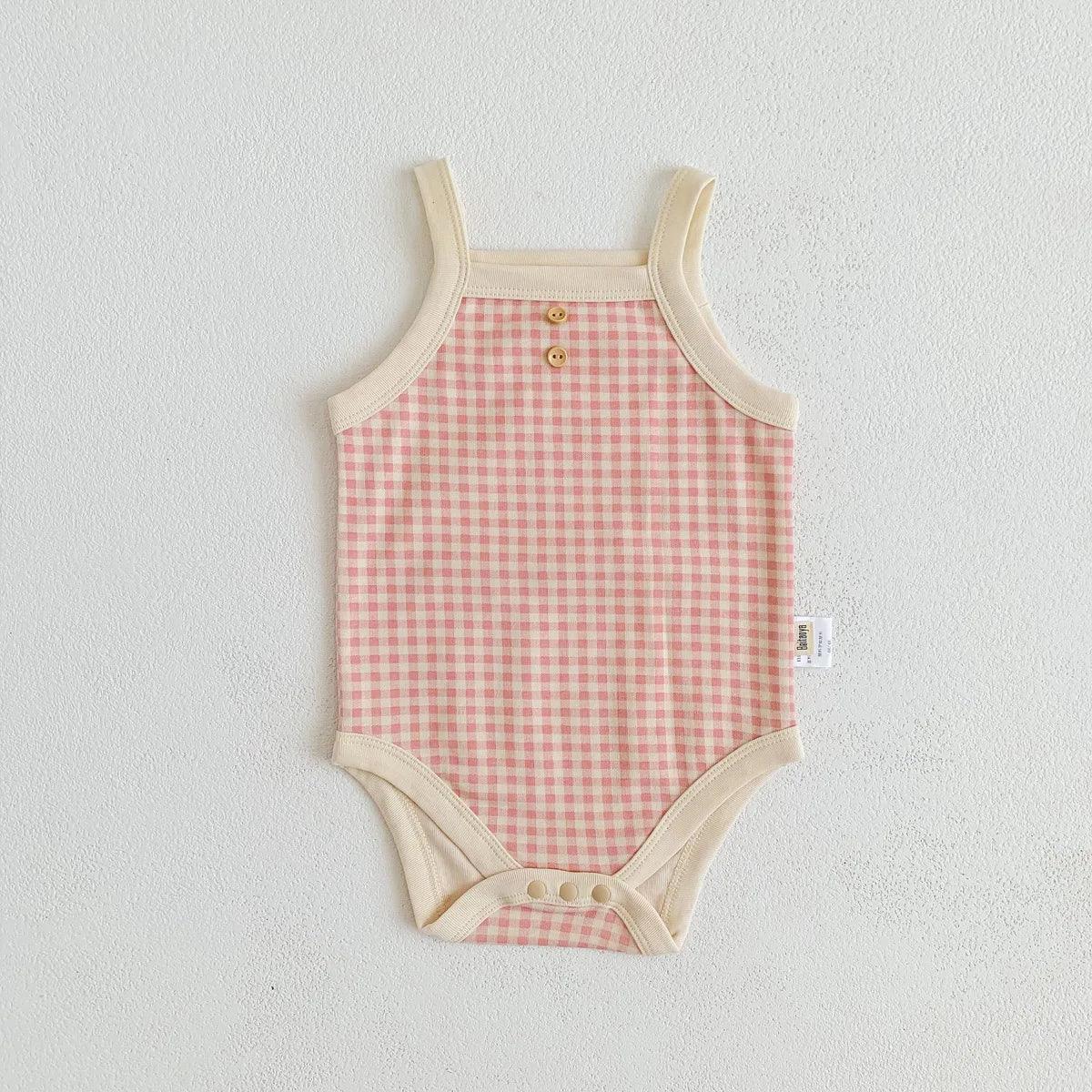 checked baby summer romper in pink and cream with buttons, sleeveless for infants