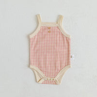 checked baby summer romper in pink and cream with buttons, sleeveless for infants