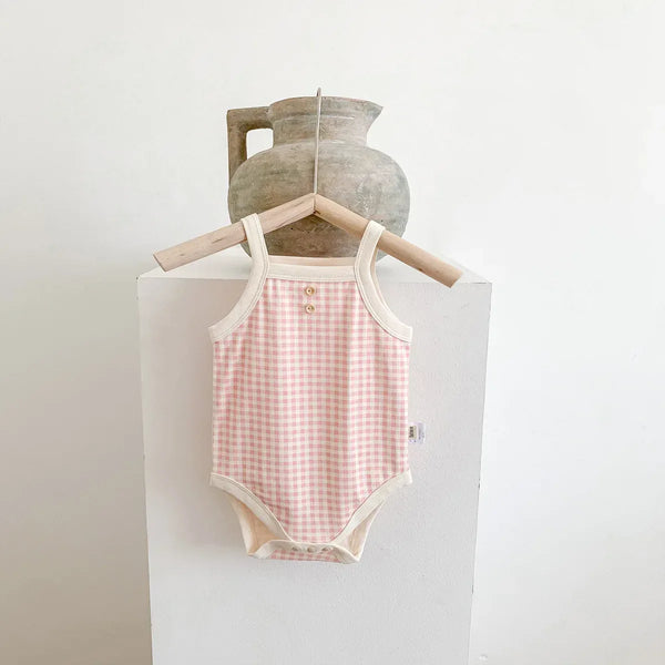 Pink and white checked baby summer romper with sleeveless design for infants