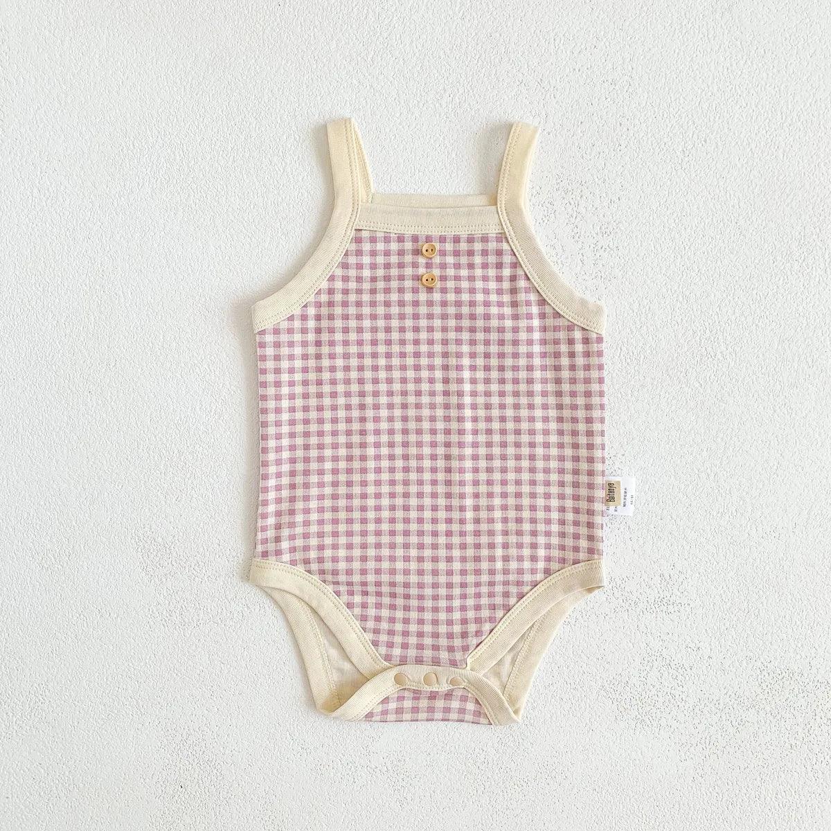checked baby summer romper in pink and cream for infants with wooden button details