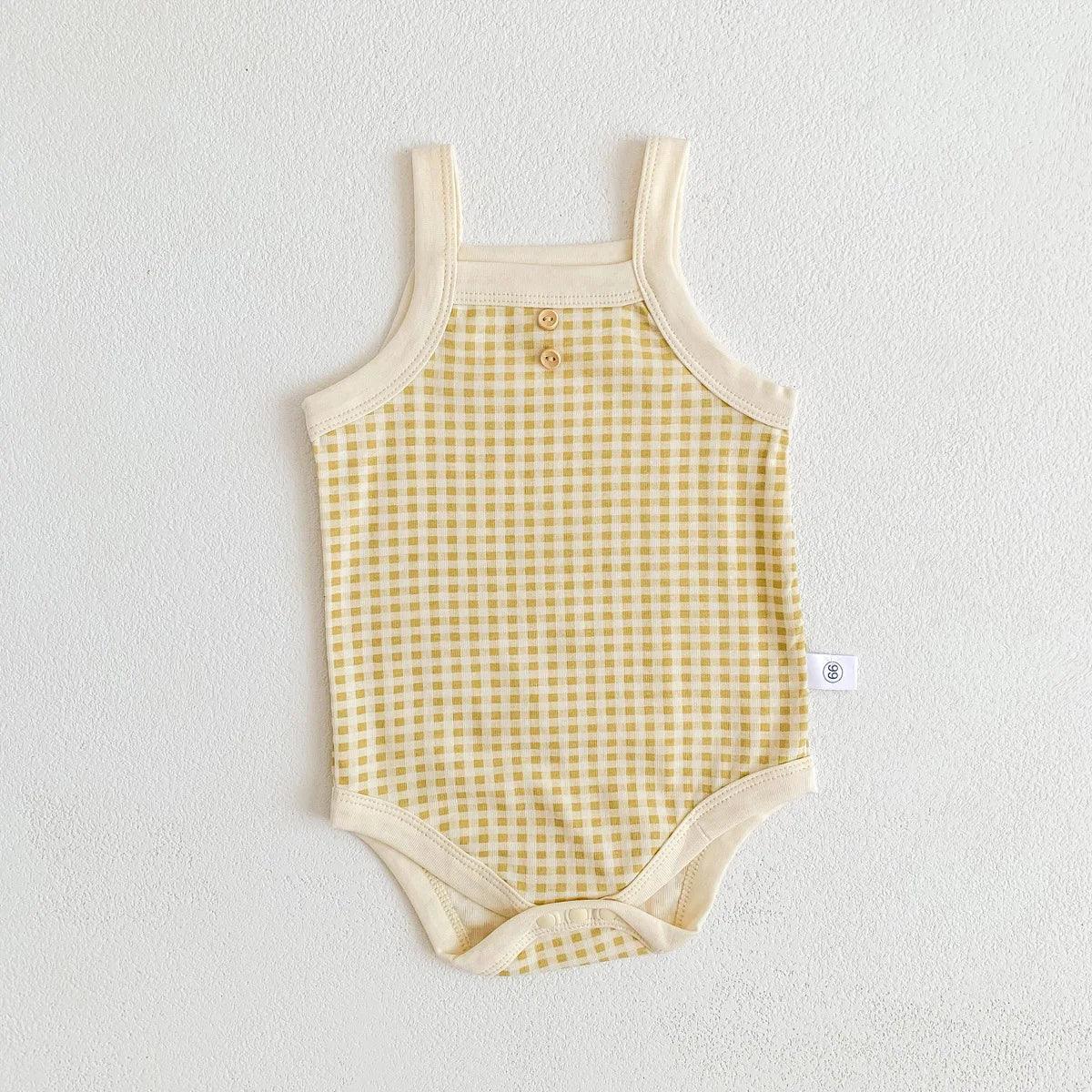 yellow and cream checked baby summer romper for infants with button detail and sleeveless design