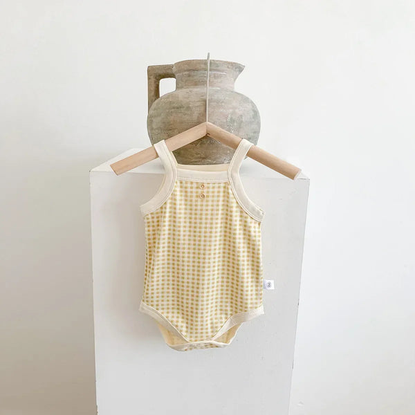 yellow and white checked baby summer romper sleeveless for infants with front buttons