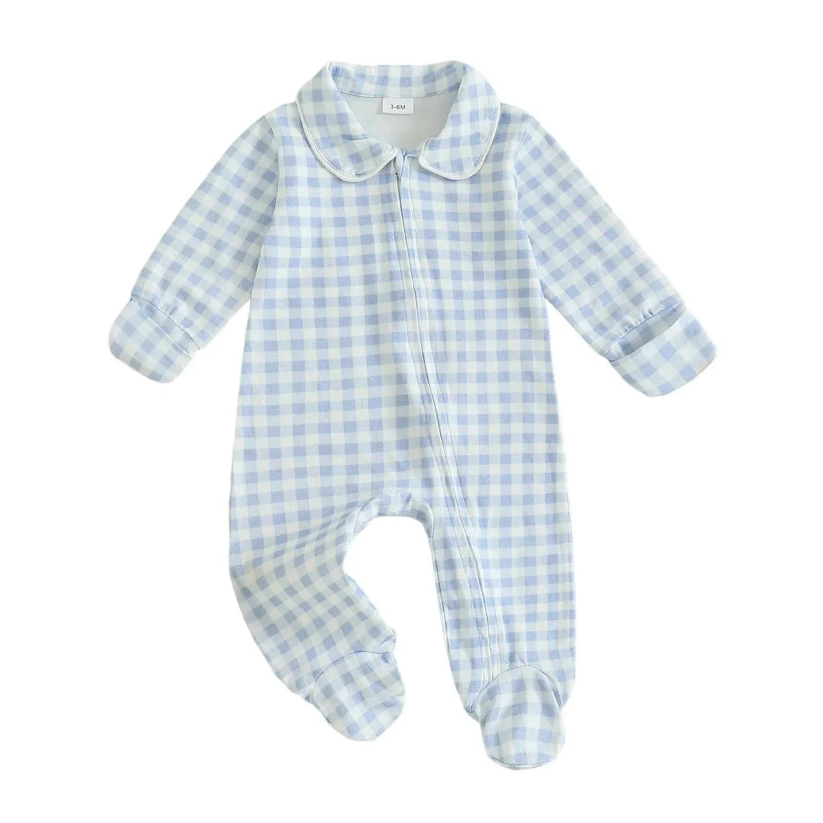 blue and white checked baby zippered footie romper for infants with long sleeves and collar
