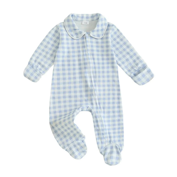 blue and white checked baby zippered footie romper for infants with long sleeves and collar