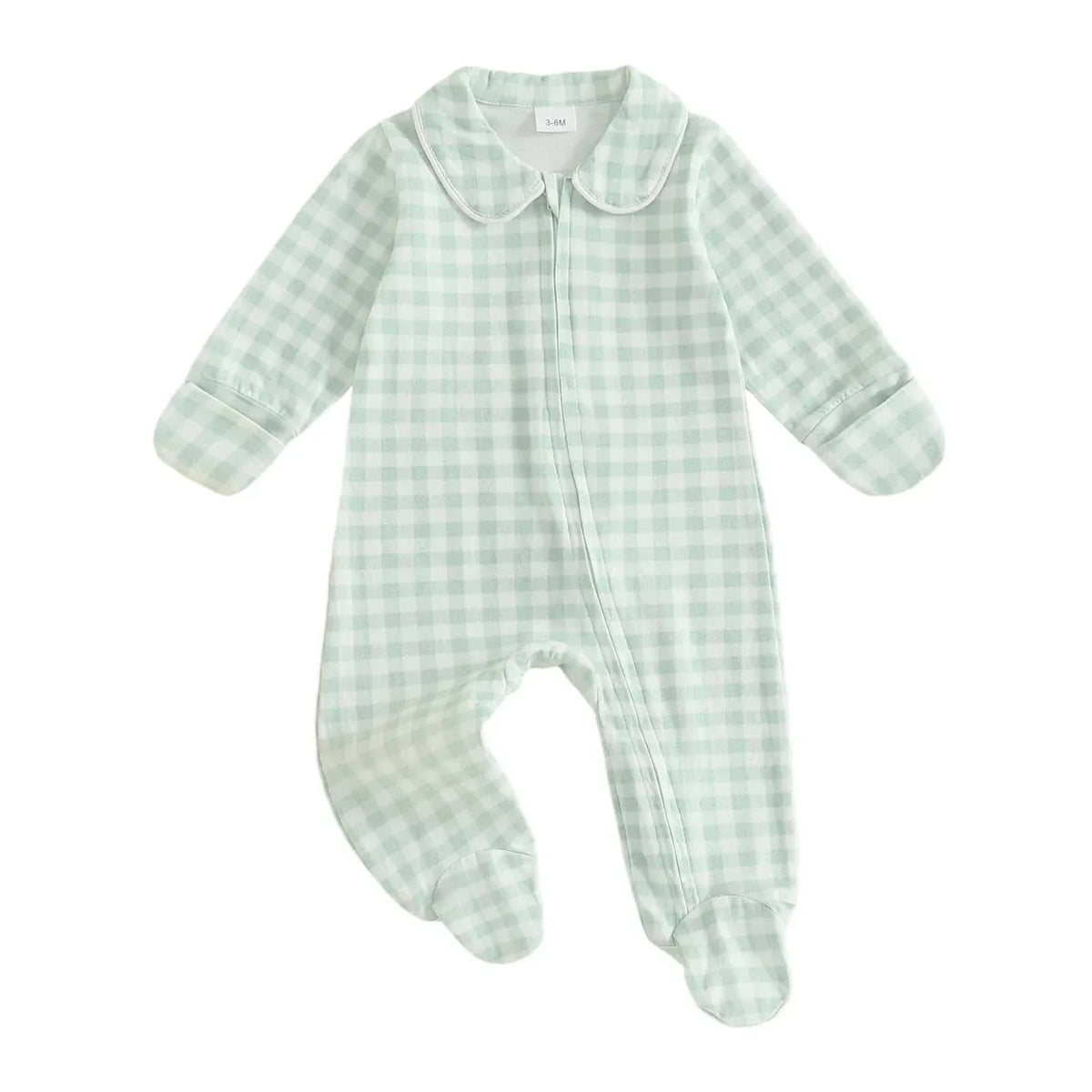 mint green checked baby zippered footie romper for infants with long sleeves and collar