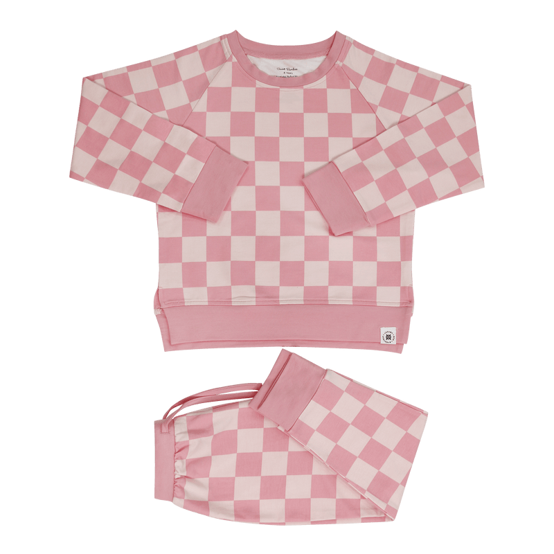 Checker Baby Pink Crew Neck Jogger Set - The Palm Beach Baby Sweet Bamboo