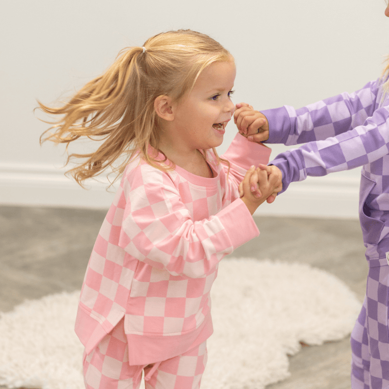 Checker Baby Pink Crew Neck Jogger Set - The Palm Beach Baby Sweet Bamboo