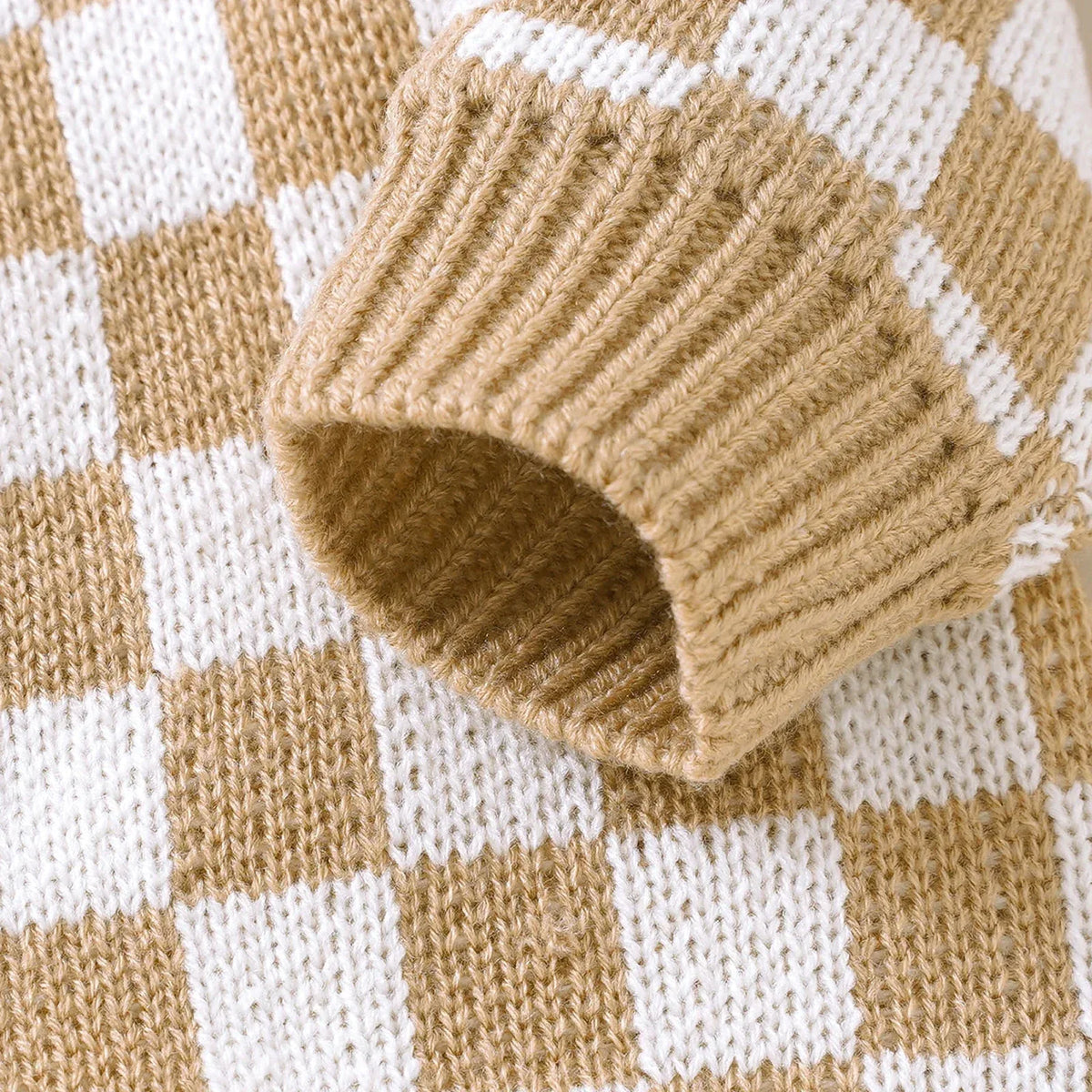 brown and white checkered baby romper with ribbed cuff in size suitable for infants