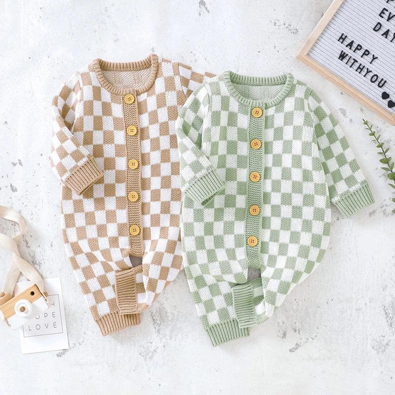 Checkered baby romper in beige and green for infants with button front and long sleeves
