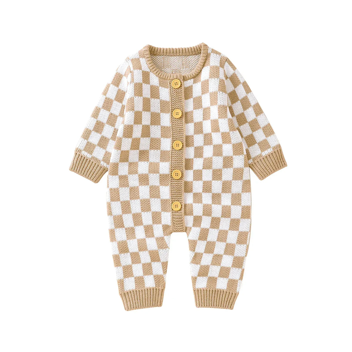 Beige and white checkered baby romper for infants with long sleeves and front buttons