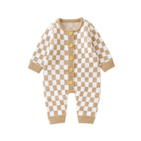 Beige and white checkered baby romper for infants with long sleeves and front buttons