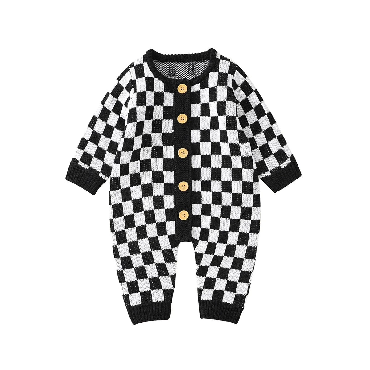 Black and white checkered baby romper with long sleeves and wooden buttons for infants