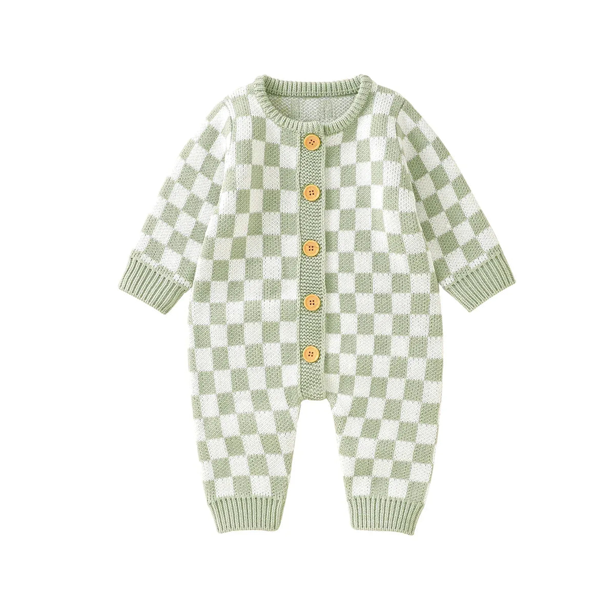 Green and white checkered baby romper with wooden buttons, long sleeve knitted outfit for infants