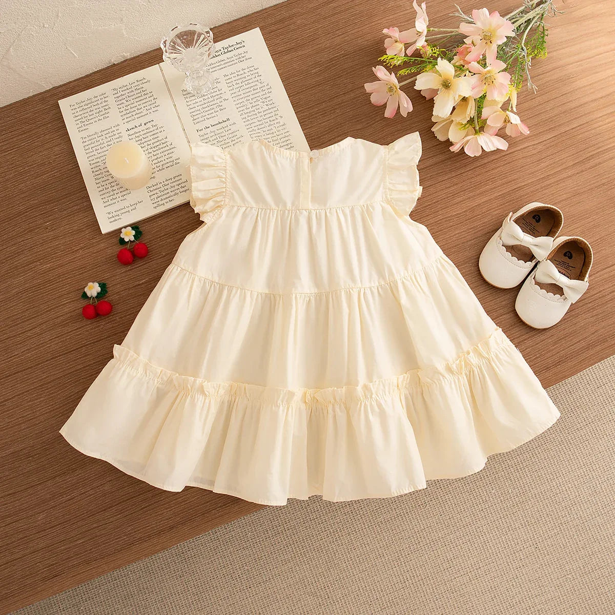 Cream cherry embroidered dress for girls toddler with ruffle sleeves and tiered skirt