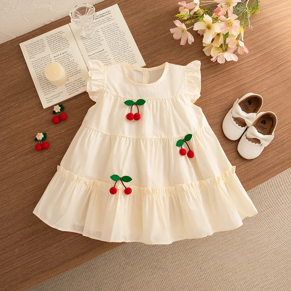 Girls cream cherry embroidered dress for girls with ruffle sleeves in toddler size