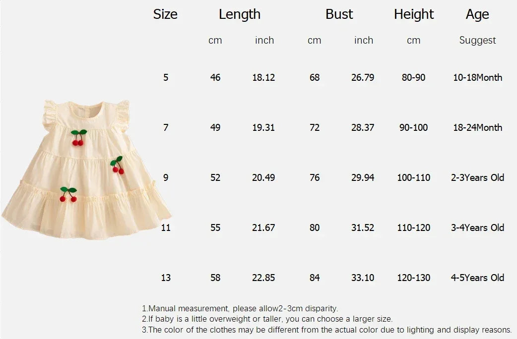 Cream cherry embroidered dress for girls with ruffle sleeves for ages 10 months to 5 years