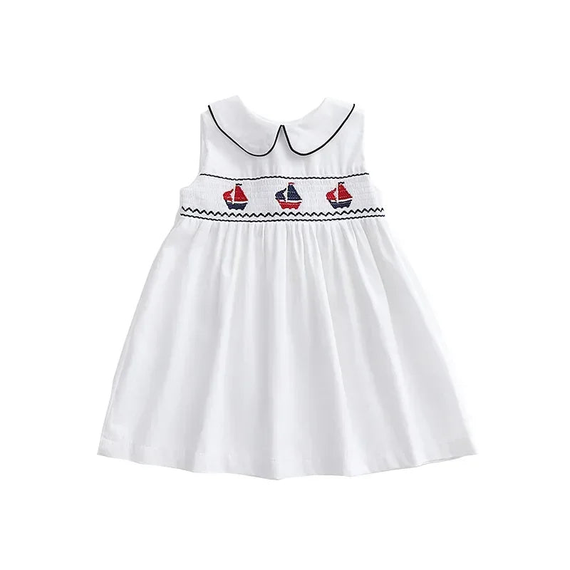baby white party dress with peter pan collar and red blue sailboat embroidery