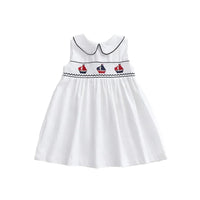 baby white party dress with peter pan collar and red blue sailboat embroidery
