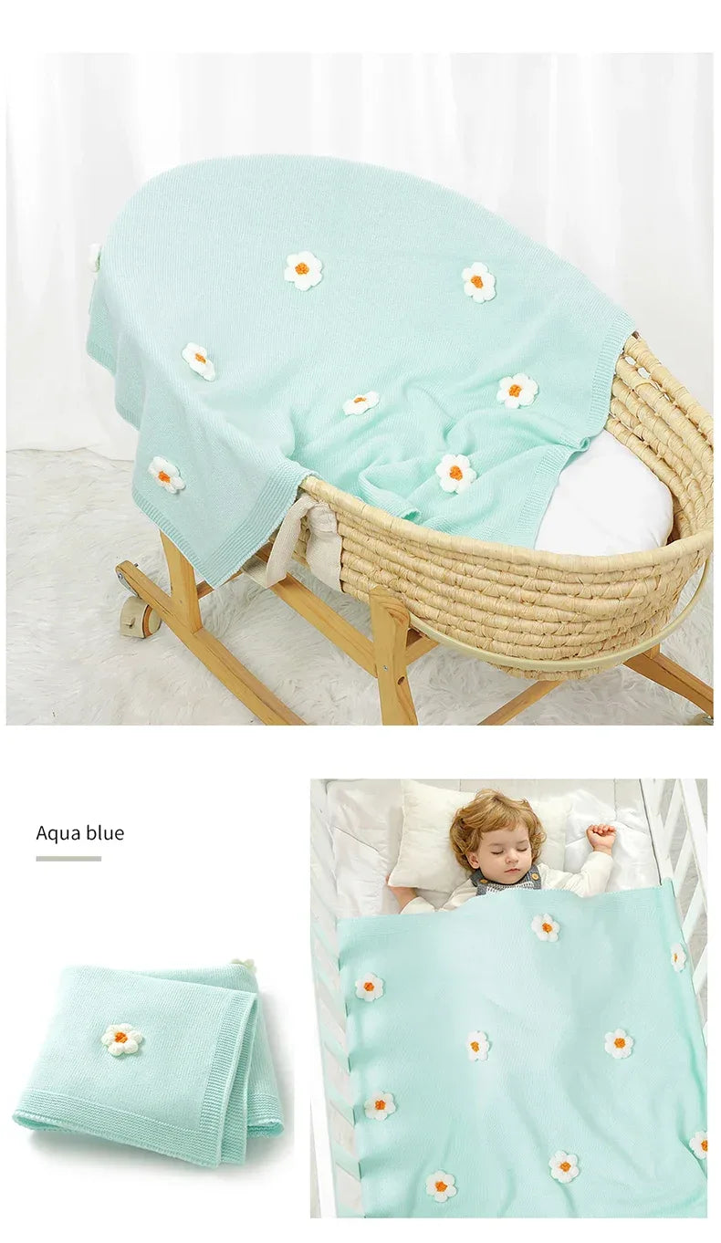 Aqua blue children's flower blankets baby blanket with white daisy flowers for infants and toddlers