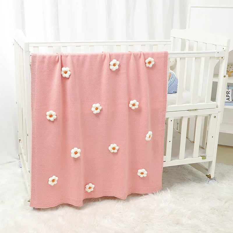 Pink baby blanket with white flower appliques for infants children children's flower blankets