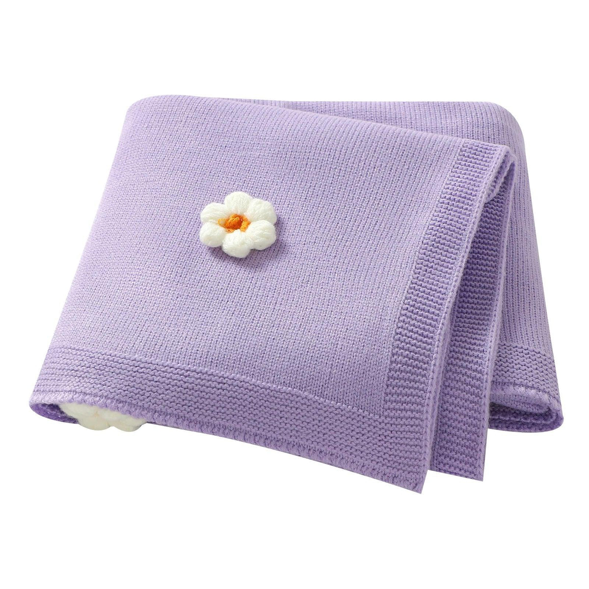 Lavender baby blanket with white flower applique, soft knit children's flower blankets for infants