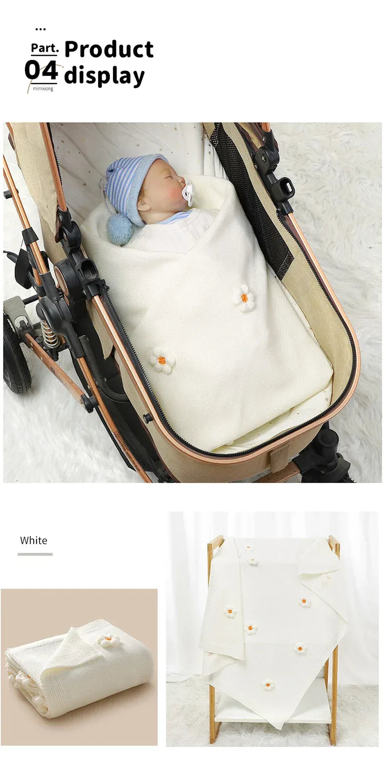 White baby blanket with small flower details for infants in stroller, children's flower blankets