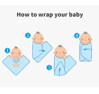 Step-by-step illustration showing how to wrap a baby using a blue children's knit blanket for newborns