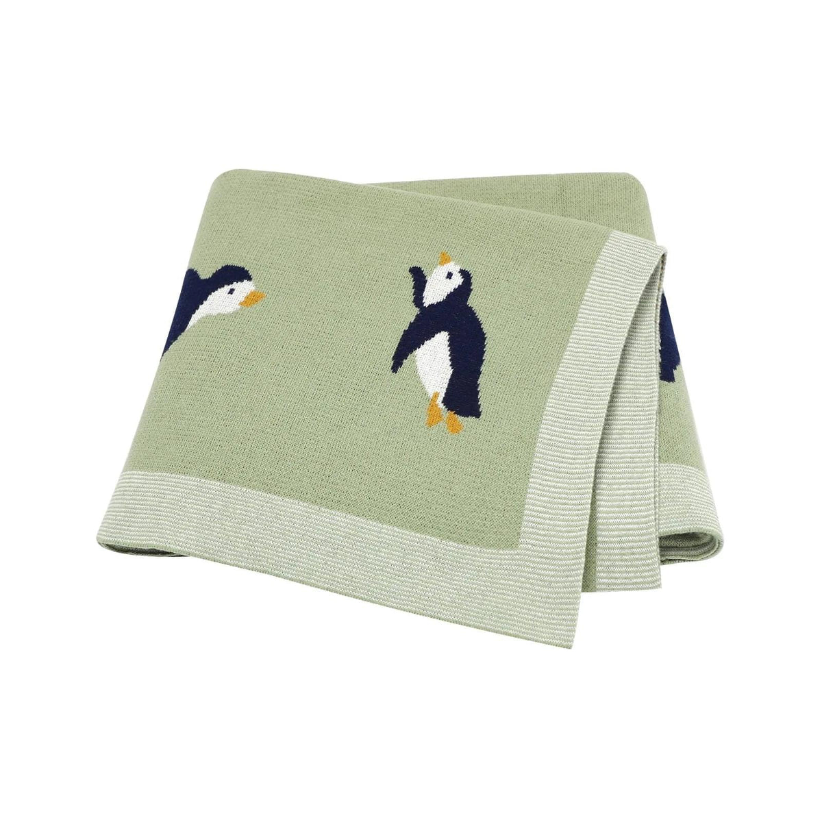 childrens knit penguin blanket in soft green with navy and white penguin design for babies and kids