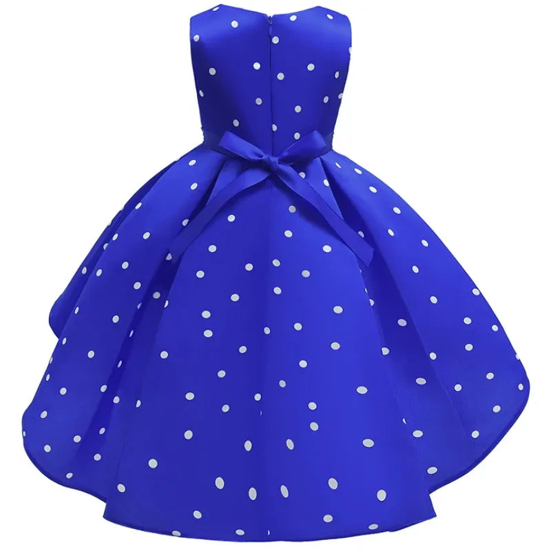 girls royal blue childrens party dress with white polka dots and bow detail size 4 to 6