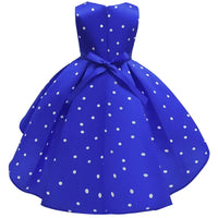 girls royal blue childrens party dress with white polka dots and bow detail size 4 to 6