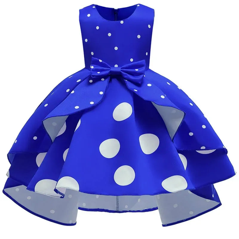 Girls royal blue childrens party dress with white polka dots and bow, toddler size